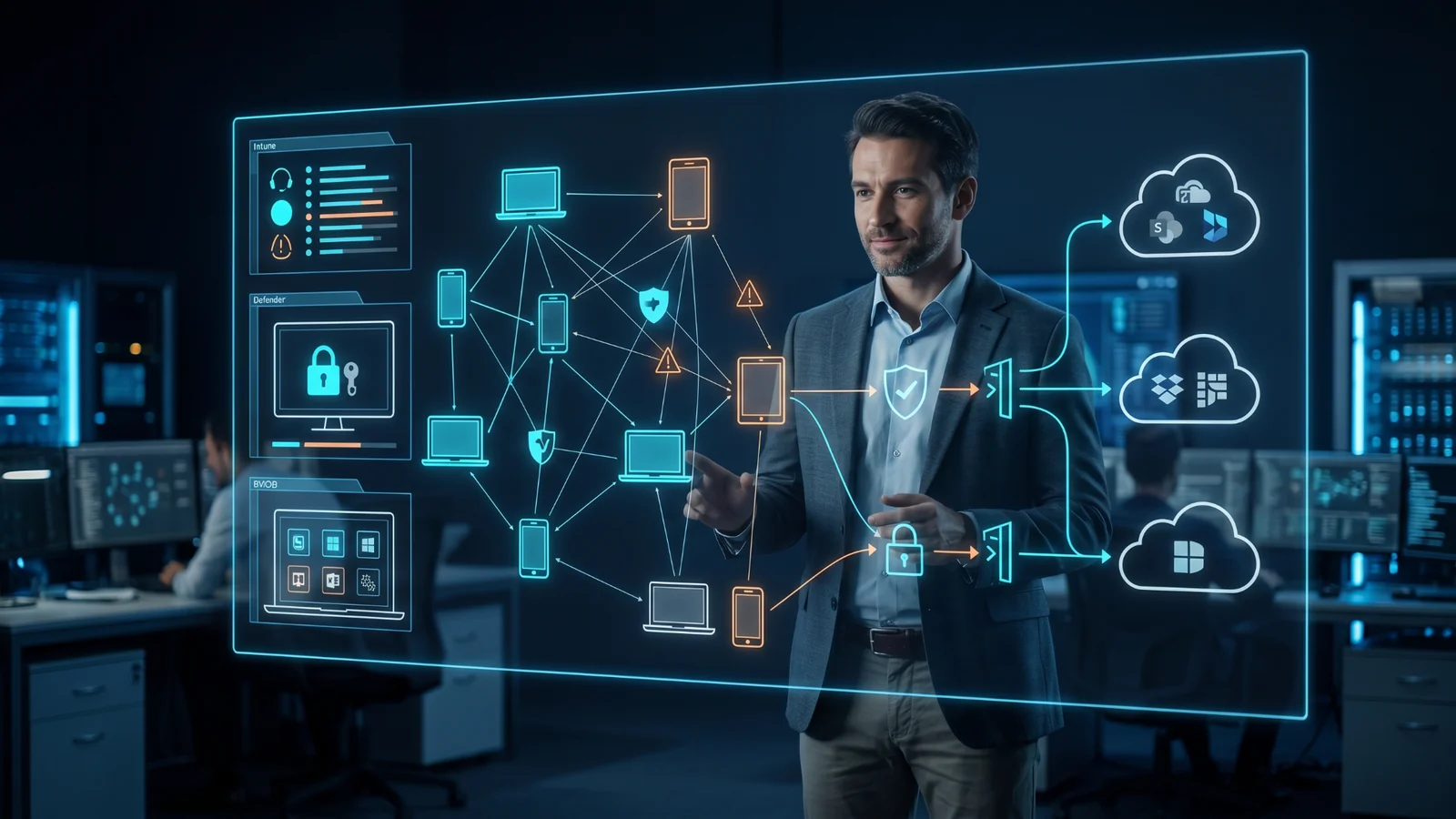 IT-Entscheider vor Dashboard für Intune, Defender und Gerätesicherheit