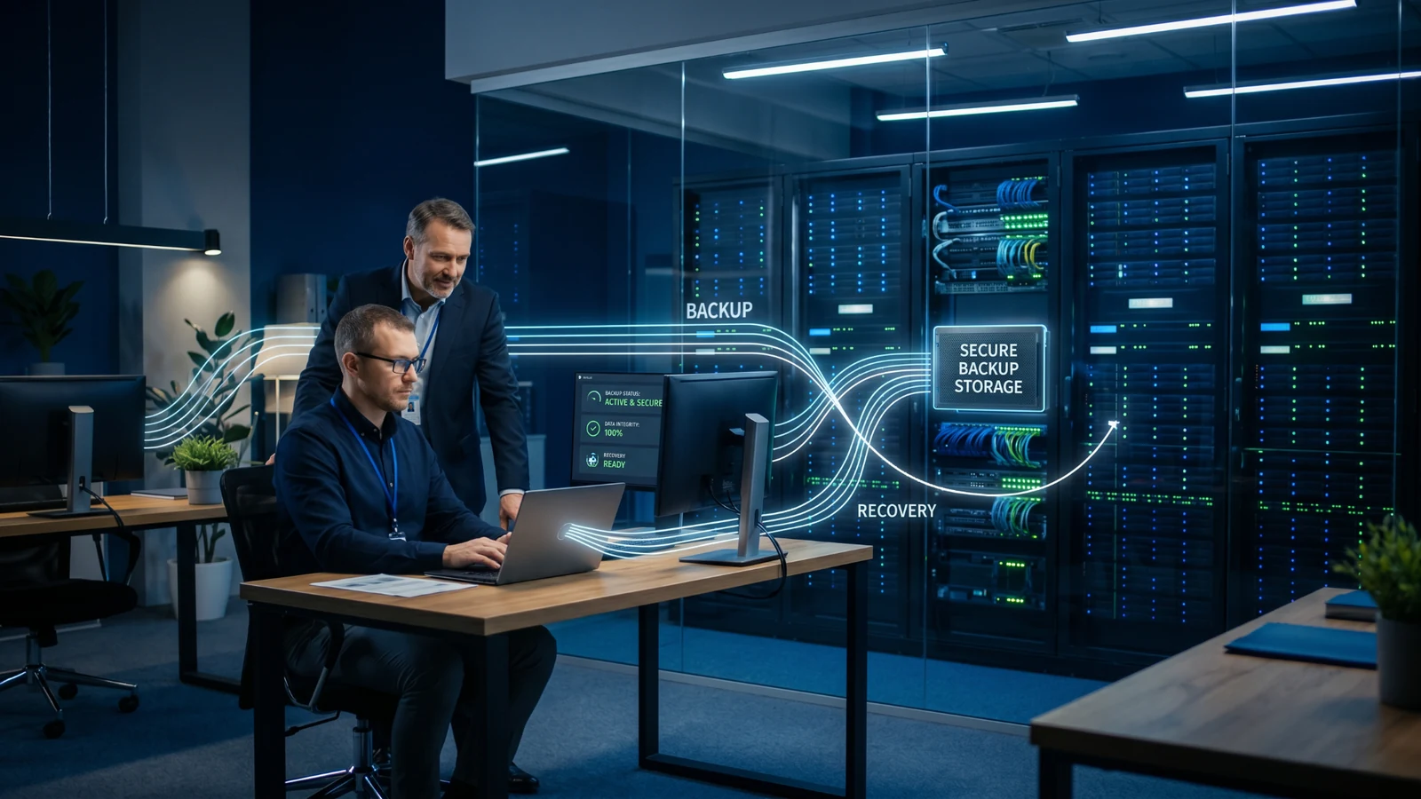 IT-Team ueberwacht Backup, Wiederherstellung und sichere Datenspeicherung in einer modernen Serverumgebung