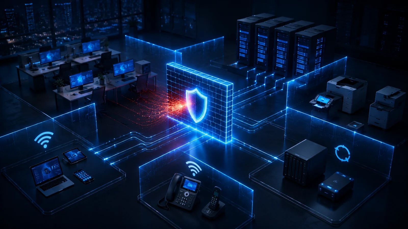Segmentiertes Unternehmensnetzwerk mit Firewall, Büroarbeitsplätzen, Servern, Telefonie, WLAN und Backup-Systemen