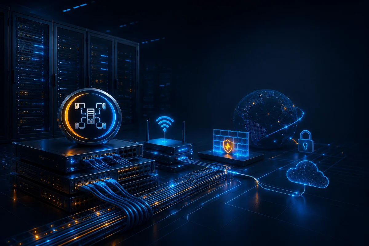 Netzwerk- und Infrastrukturtechnik mit Server, Switches, Router und IT-Verbindungen